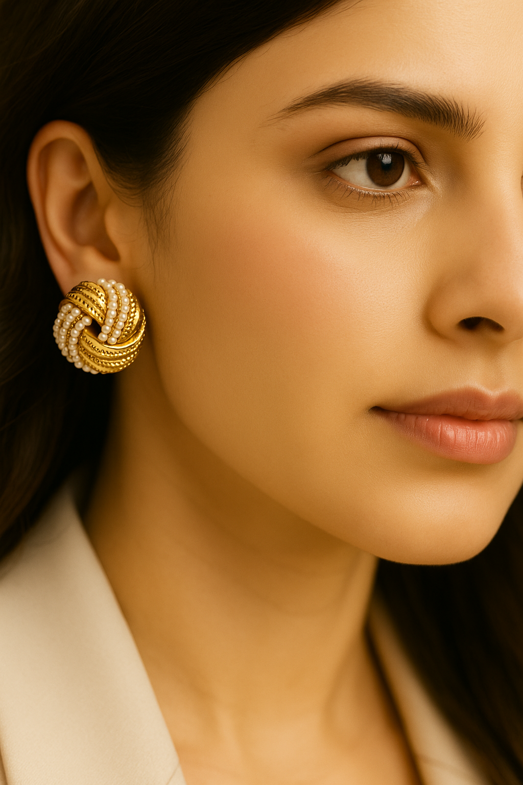 Gold-plated Korean pearl earrings in round knot design
