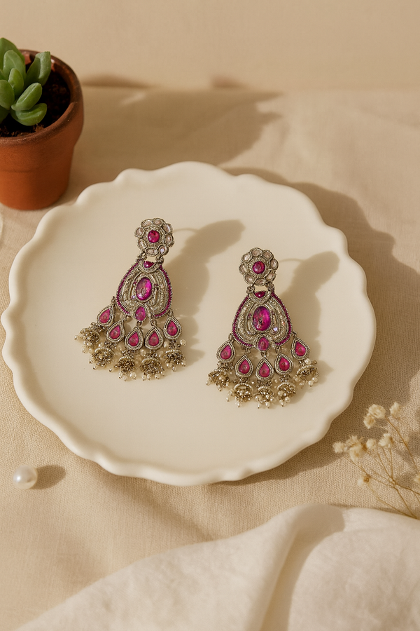 Festive Indian Kundan Earrings | Pink Teardrop & Stonework Chandbali