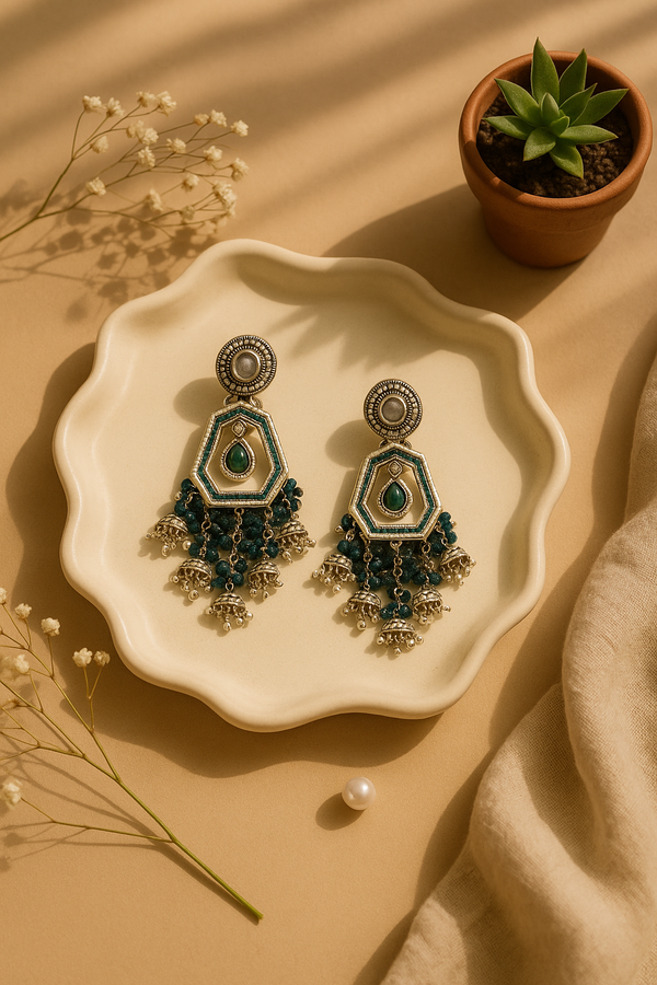 Festive Indian Jhumka Earrings | Green Stone & Hexagon Dangle Design
