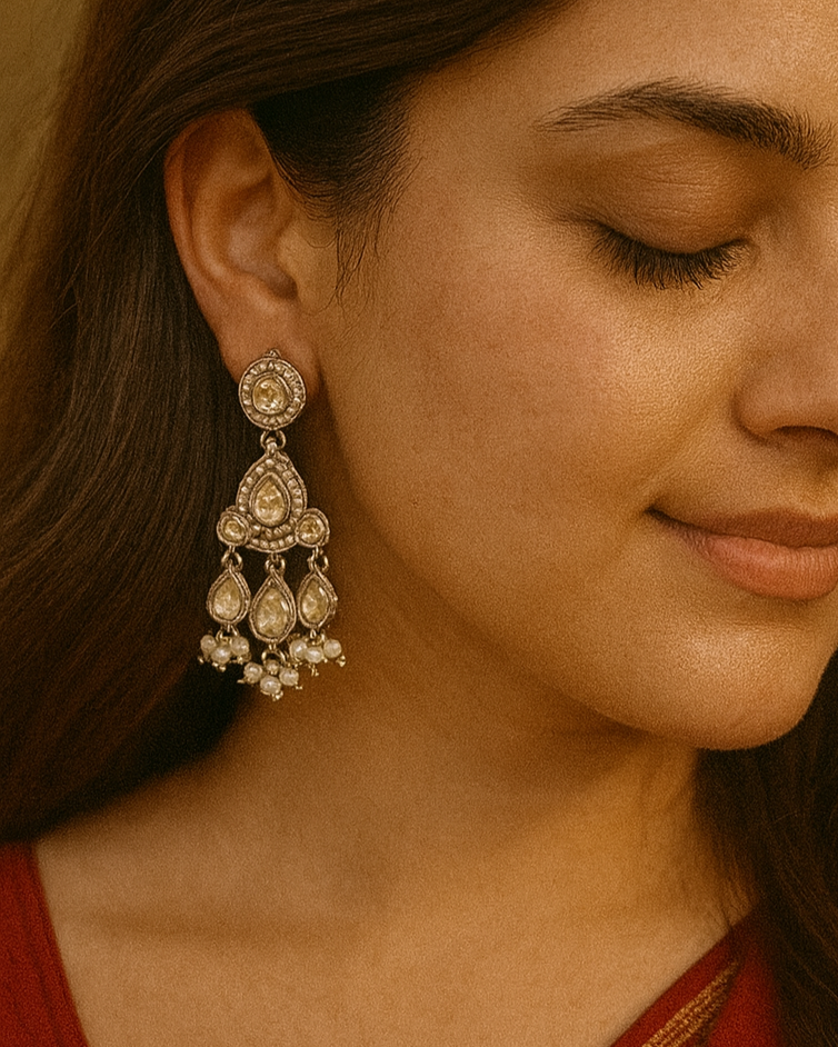 Festive Indian Kundan Earrings | White Chandelier with Pearl Drops