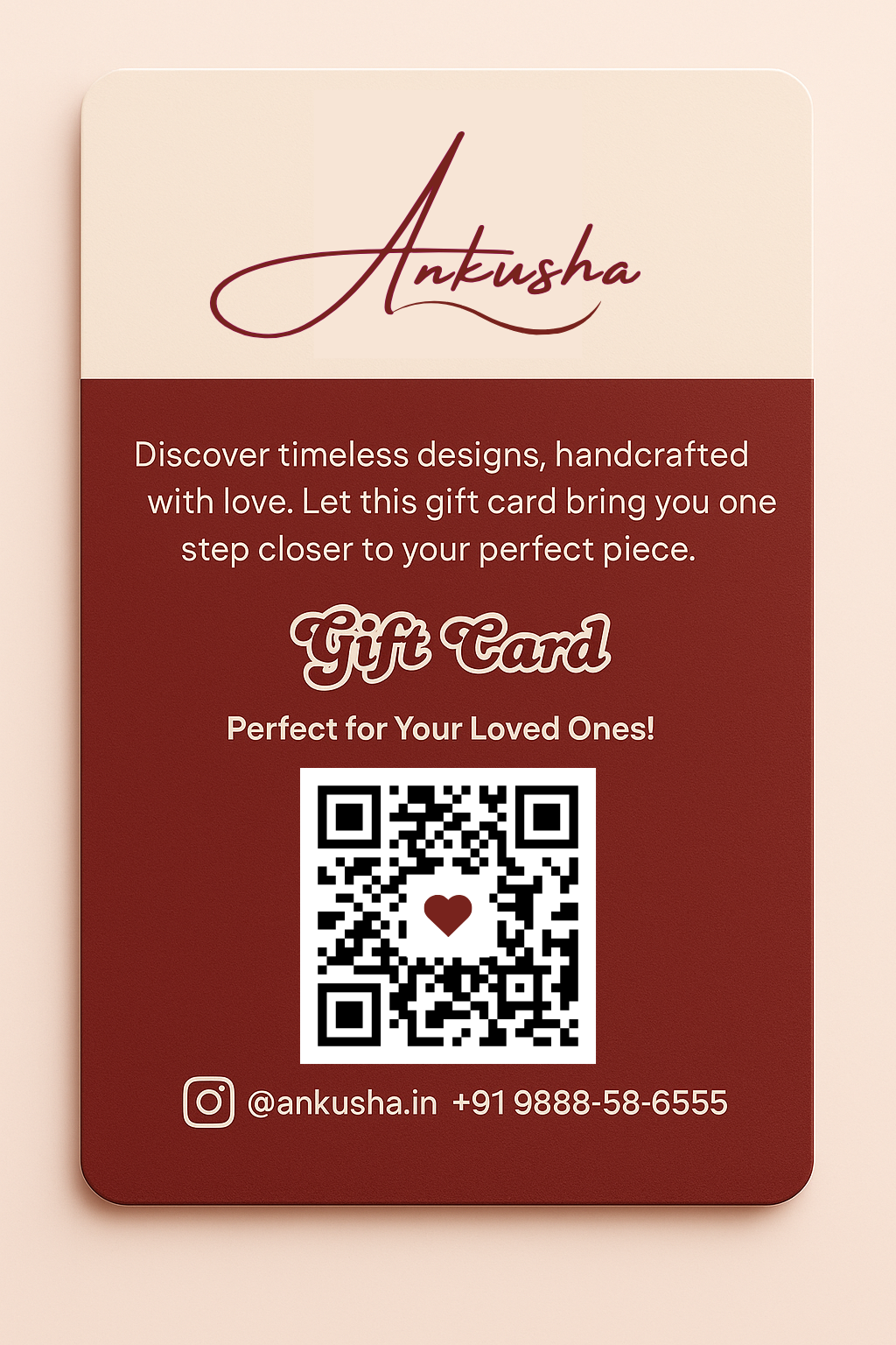 Ankusha Jewels maroon gift card with QR code
