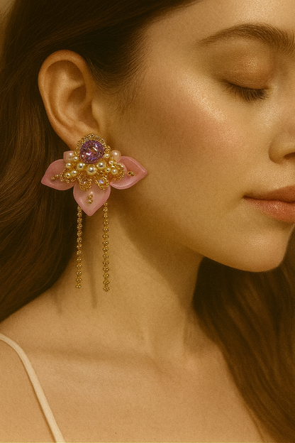 Korean statement earrings with pink petals and purple gem
