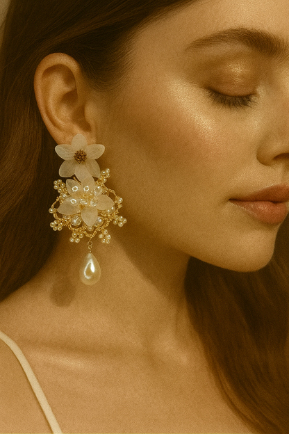 Turkish White Floral Pearl Earrings | Elegant Gold-Plated Statement Danglers