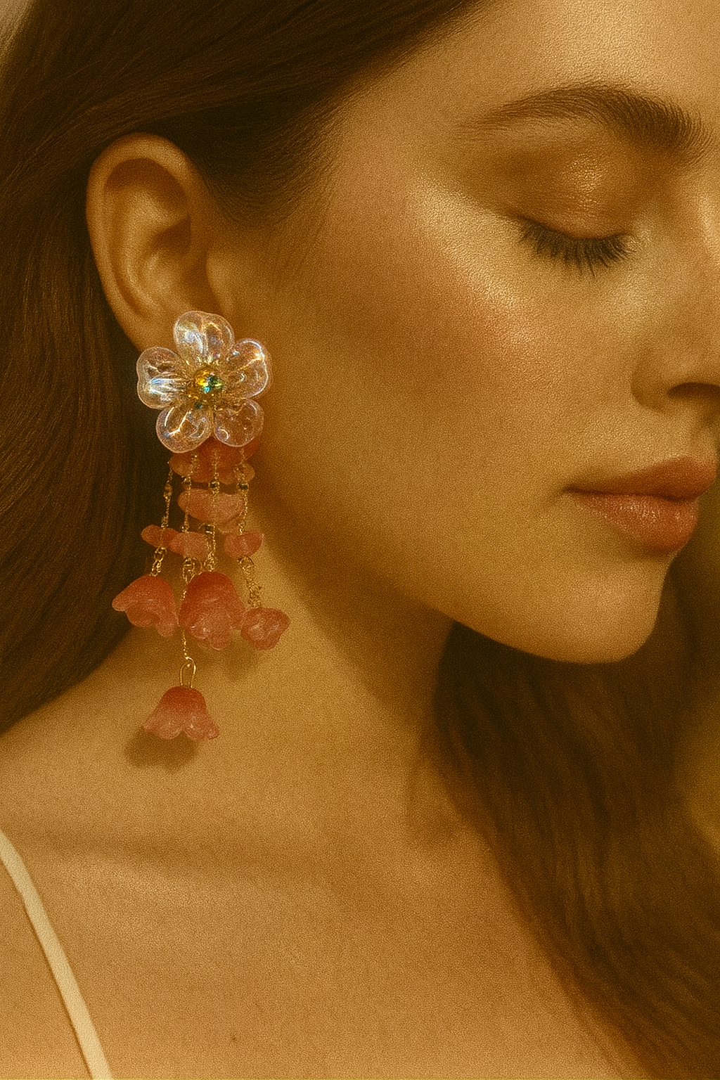 Turkish Iridescent Floral Dangler Earrings with Coral Pink Drops