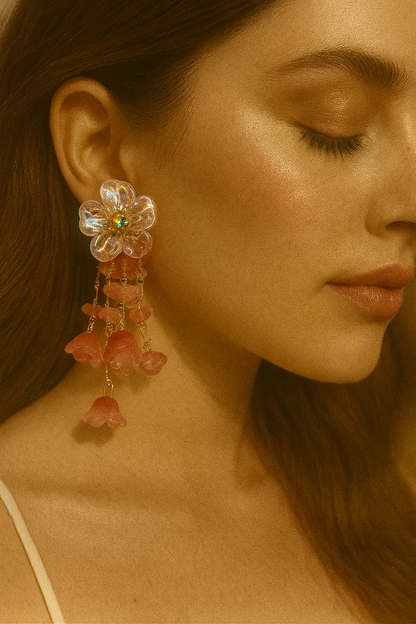 Turkish Iridescent Floral Dangler Earrings with Coral Pink Drops