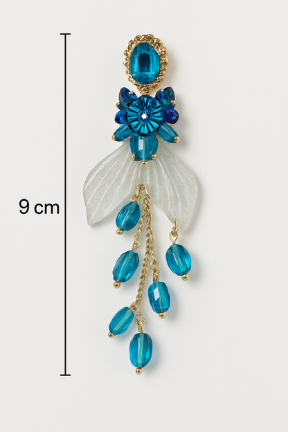 Turkish Blue Crystal Floral Drop Earrings | Fairy Wing Statement Danglers