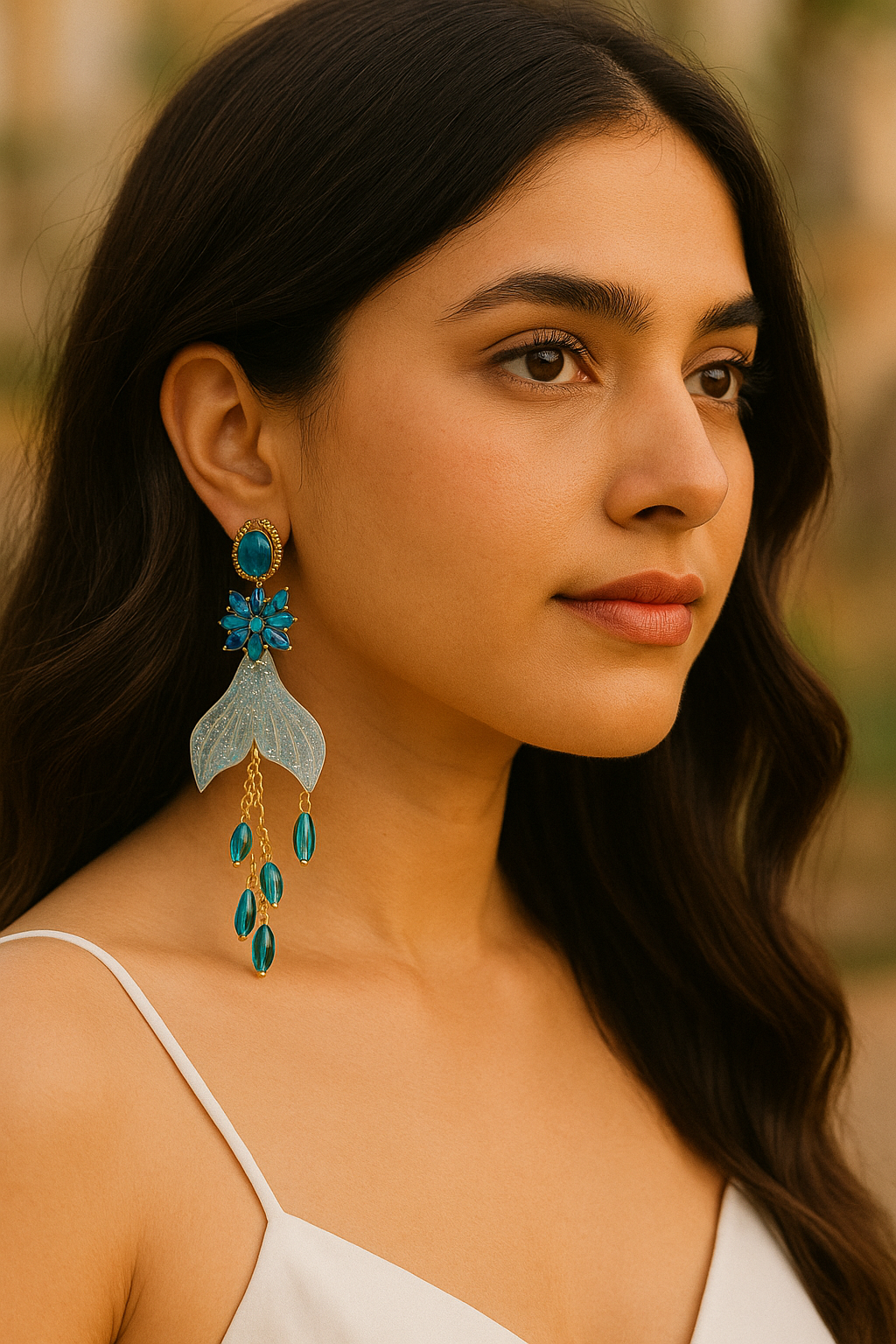 Turkish Blue Crystal Floral Drop Earrings | Fairy Wing Statement Danglers