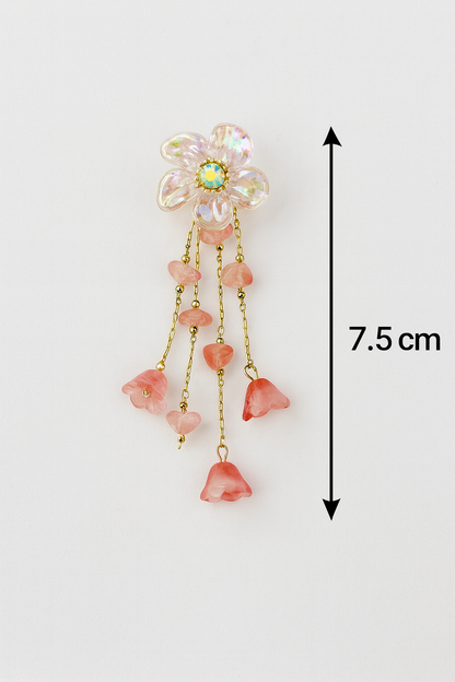 Turkish Iridescent Floral Dangler Earrings with Coral Pink Drops