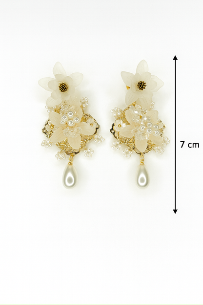 Turkish White Floral Pearl Earrings | Elegant Gold-Plated Statement Danglers