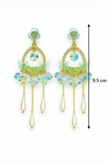 Turkish Aqua Floral Butterfly Dangler Earrings with Crystals & Pearl Drops