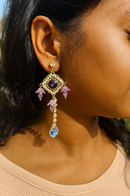 Turkish Purple Floral Pearl Drop Earrings | Statement Crystal Danglers