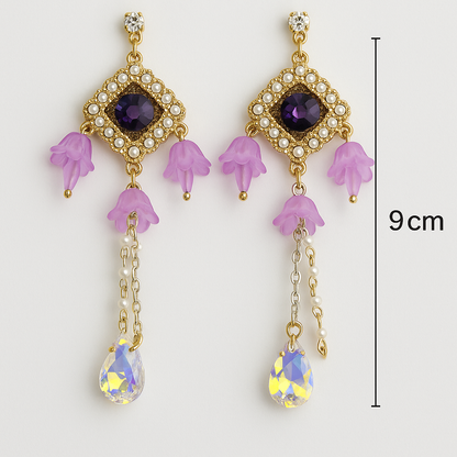 Turkish Purple Floral Pearl Drop Earrings | Statement Crystal Danglers