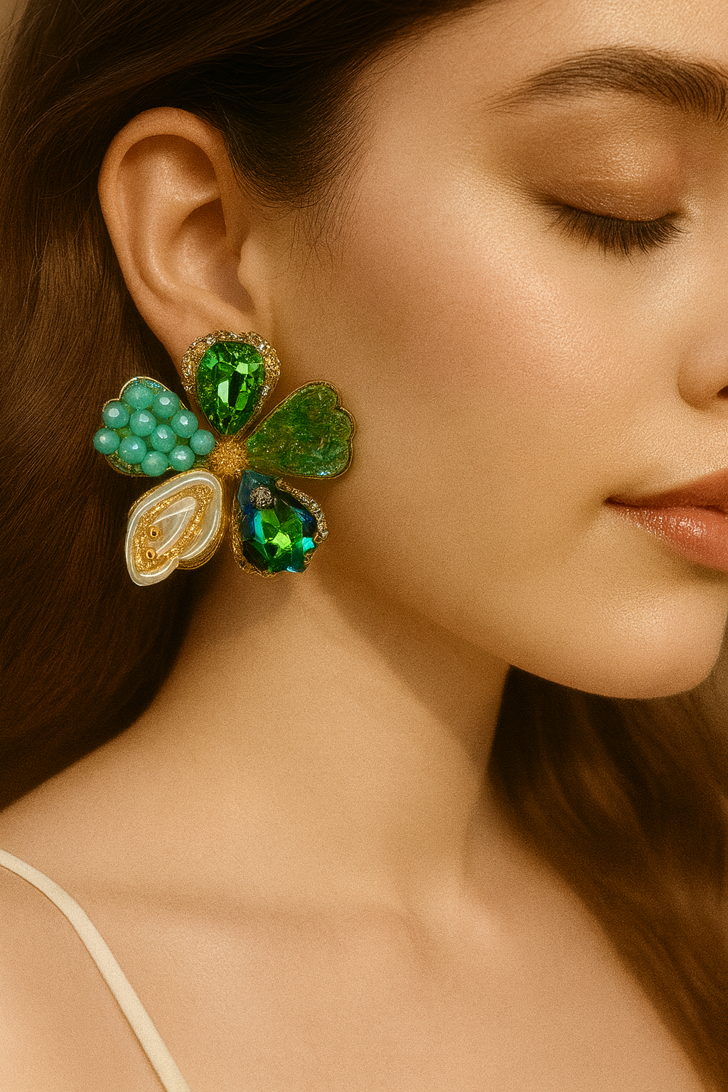 Korean floral earrings with green crystals and turquoise beads
