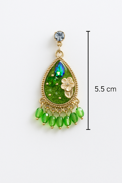 Korean teardrop earrings with green crystals and floral details
