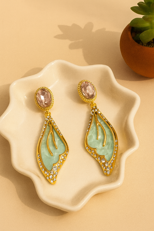 Gold-plated Korean drop earrings with green enamel and crystals