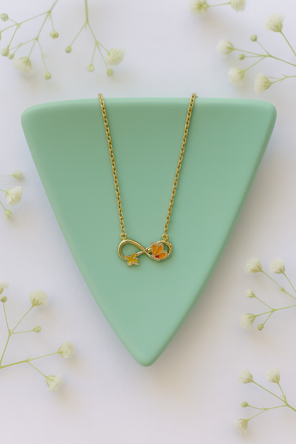 Gold-plated Korean infinity necklace with orange enamel flower