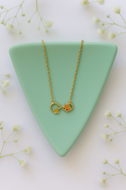 Gold-plated Korean infinity necklace with orange enamel flower