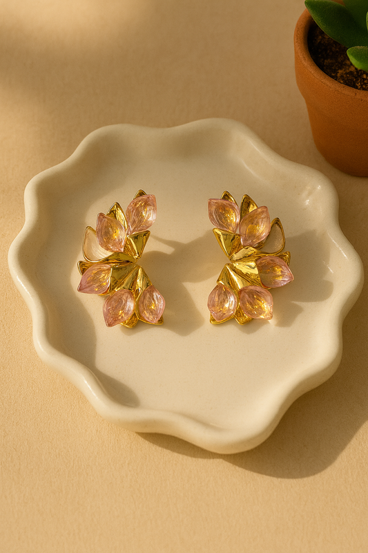 Gold-plated Korean floral earrings with pink crystal petals

