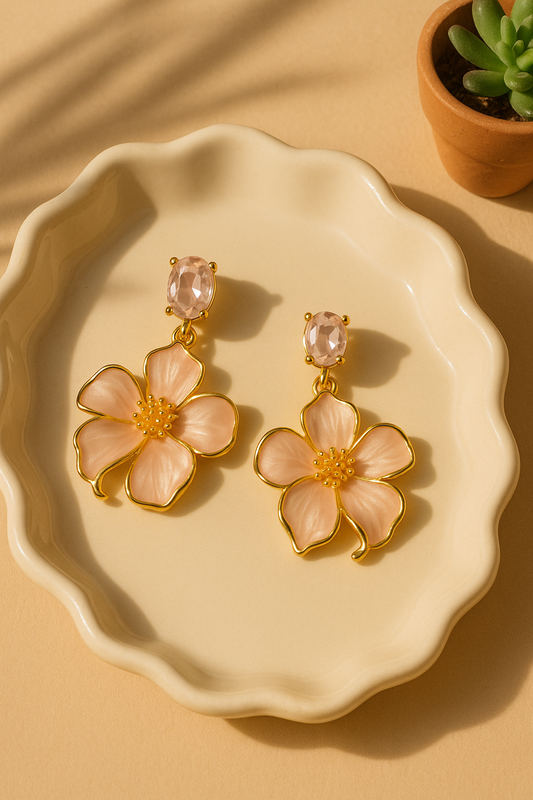 Dainty floral earrings with crystal top and pink petals