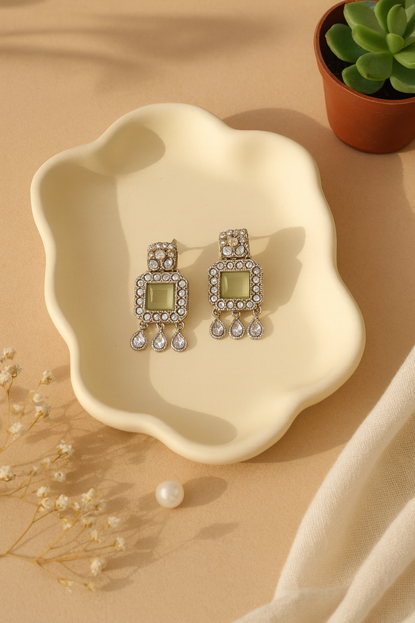Festive Indian Kundan Earrings | Pista Green Square Stone Drops