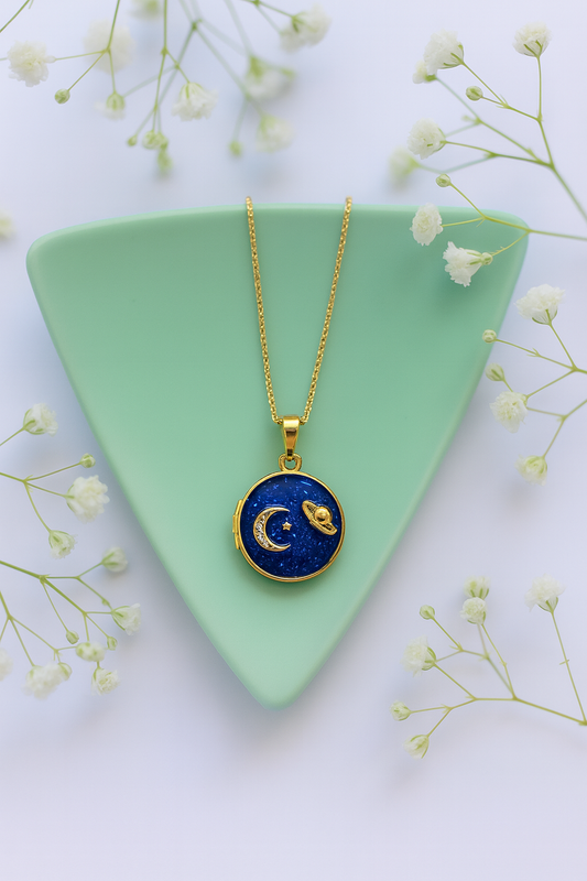 Gold-plated Korean locket necklace with moon and planet design