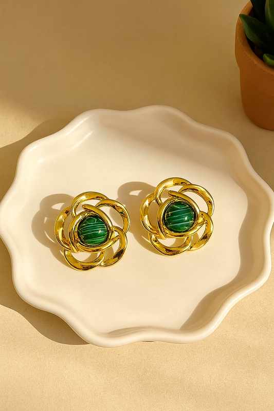 Gold-plated Korean stud earrings with green gemstone