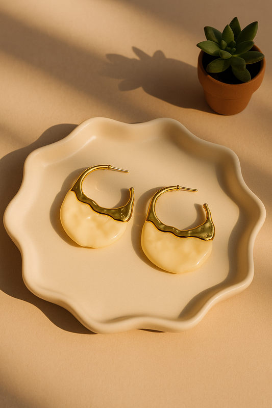Gold-plated Korean hoop earrings with ivory enamel design