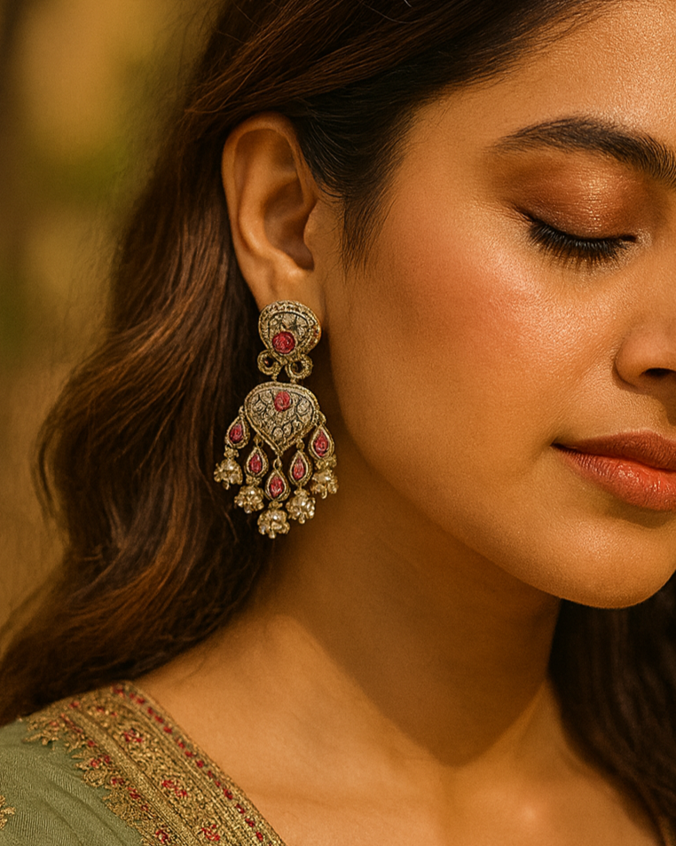 Festive Indian Kundan Earrings | Ruby Pink Teardrop Jhumka Style