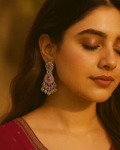 Festive Indian Kundan Earrings | Pink Teardrop & Stonework Chandbali