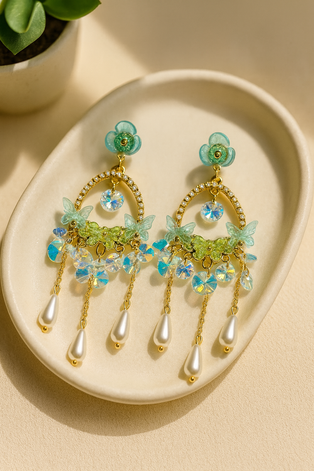 Turkish Aqua Floral Butterfly Dangler Earrings with Crystals & Pearl Drops