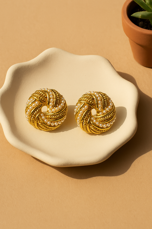 Gold-plated Korean pearl earrings in round knot design
