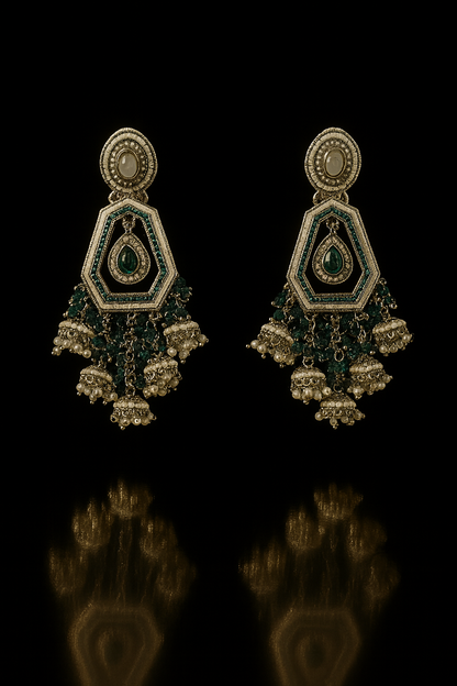 Festive Indian Jhumka Earrings | Green Stone & Hexagon Dangle Design