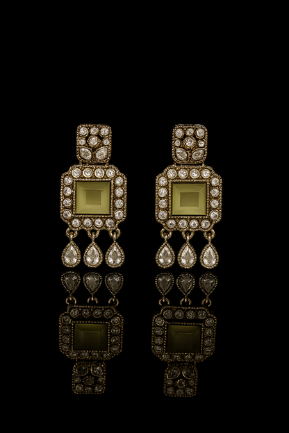 Festive Indian Kundan Earrings | Pista Green Square Stone Drops