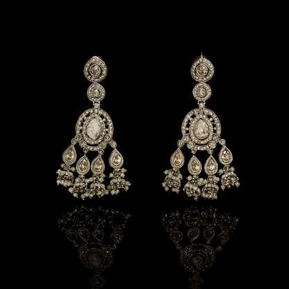 Festive Indian Kundan Earrings | White Chandelier with Pearl Drops