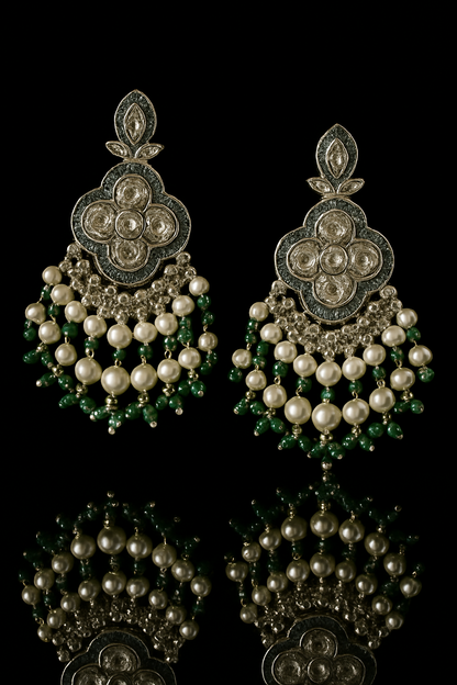 Pearl and kundan jhumka earrings with green beads
