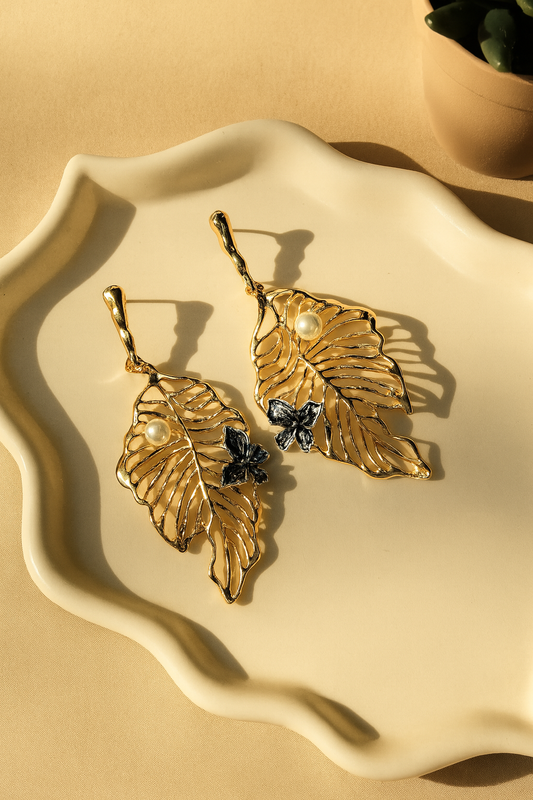 Gold-plated Korean leaf earrings with pearl and butterfly