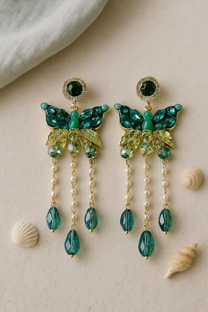Turkish Butterfly Crystal Drop Earrings | Green Gem & Pearl Statement Danglers