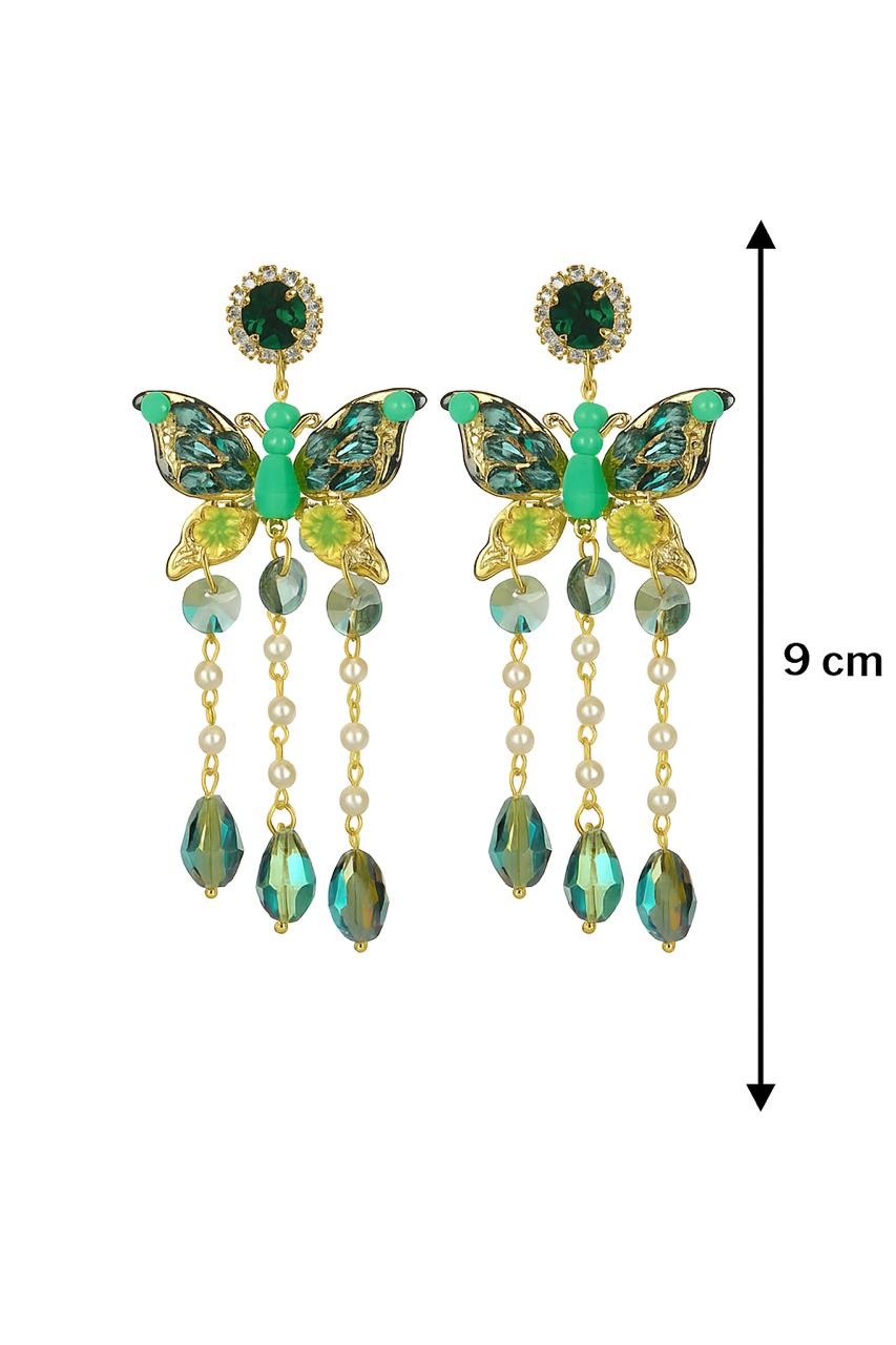 Turkish Butterfly Crystal Drop Earrings | Green Gem & Pearl Statement Danglers