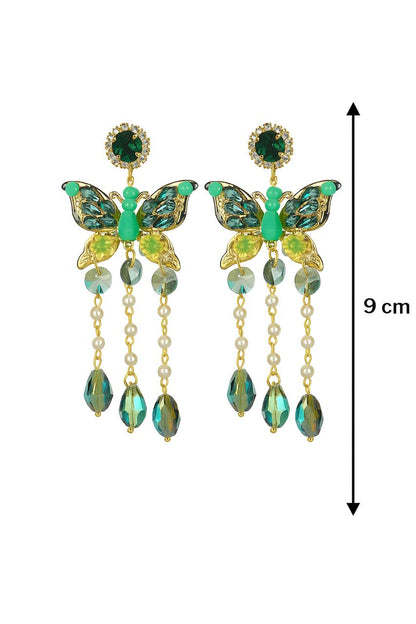 Turkish Butterfly Crystal Drop Earrings | Green Gem & Pearl Statement Danglers