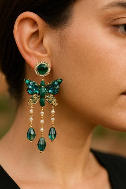 Turkish Butterfly Crystal Drop Earrings | Green Gem & Pearl Statement Danglers