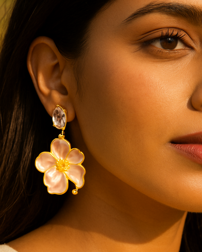 Dainty floral earrings with crystal top and pink petals