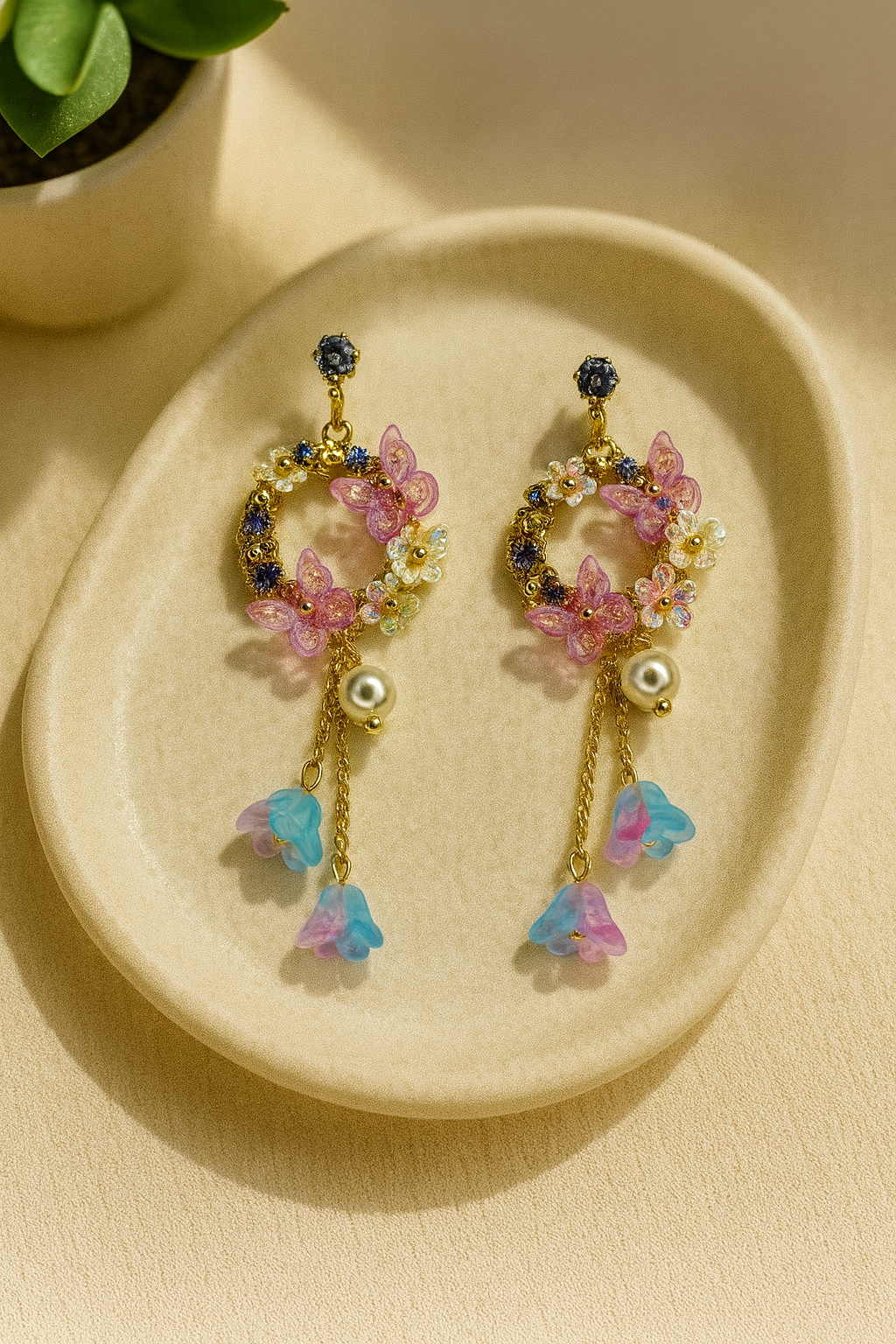 Turkish Floral Butterfly Dangler Earrings – Gold Plated with Pearl & Pastel Drops