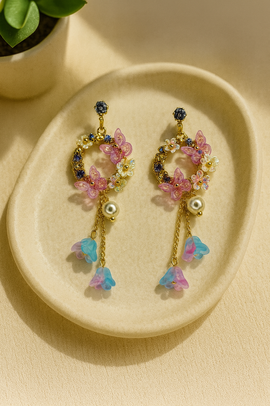 Turkish Floral Butterfly Dangler Earrings – Gold Plated with Pearl & Pastel Drops