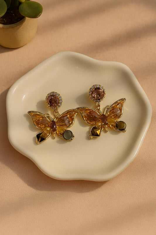 Korean butterfly earrings with amber crystals and gold plating
