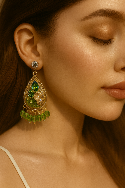 Korean teardrop earrings with green crystals and floral details