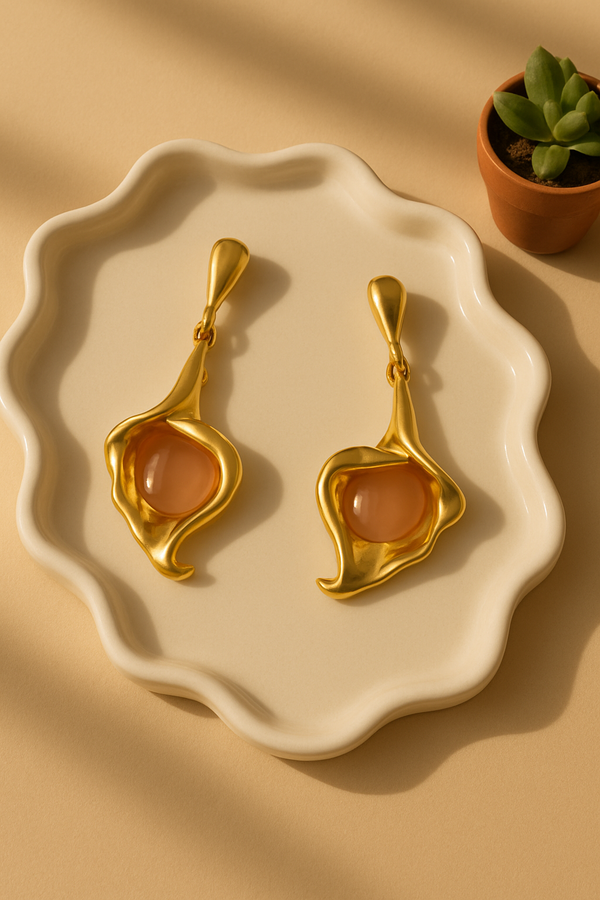 Gold-plated Korean drop earrings with peach gemstone