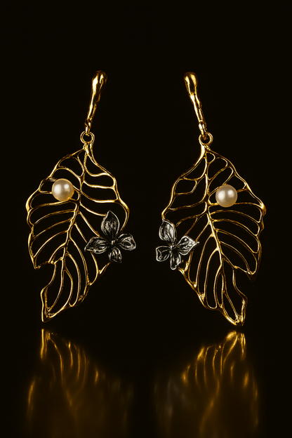 Gold-plated Korean leaf earrings with pearl and butterfly
