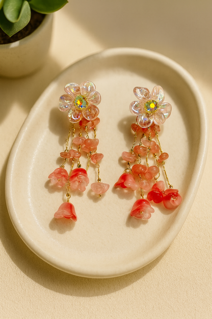 Turkish Iridescent Floral Dangler Earrings with Coral Pink Drops