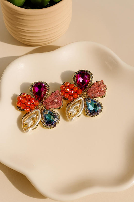 Korean floral earrings with ruby crystals and coral beads
