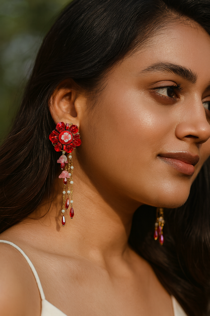 Turkish Style Red Rose Korean Earrings – Dainty Floral Drop Jewellery